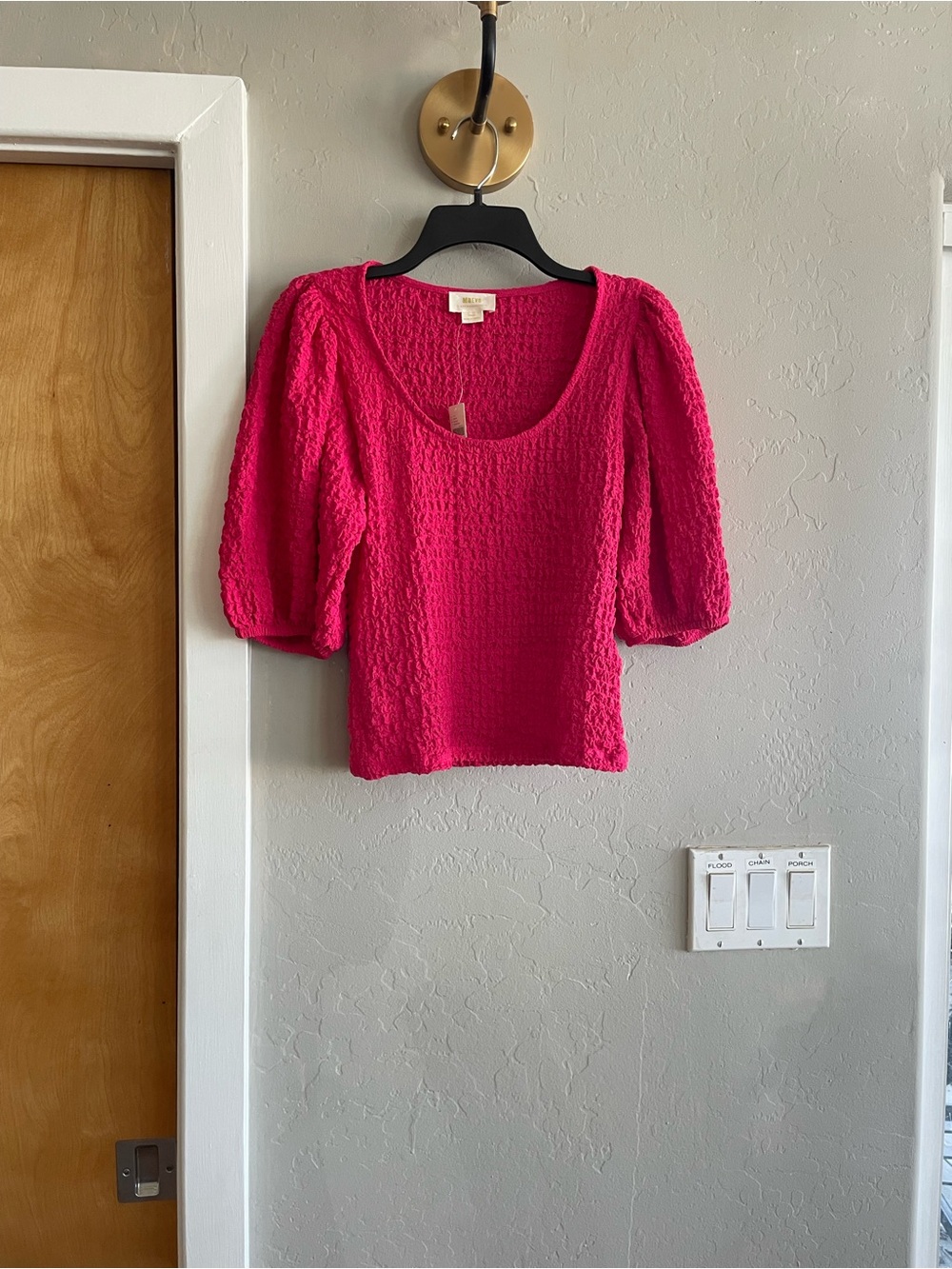Maeve by Anthropologie Hot Pink Textured Puff-Sleeve Scoop Neck Sweater NWT